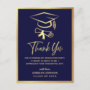 Gold Navy Blue Modern Graduation Party Danke Postkarte