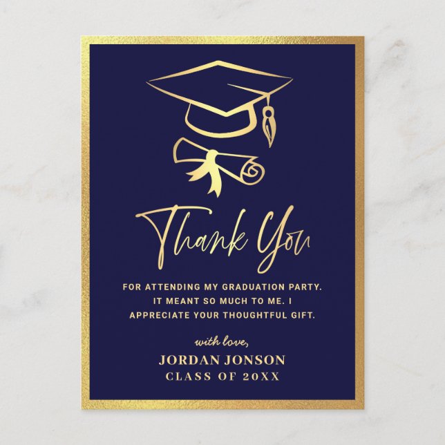 Gold Navy Blue Modern Graduation Party Danke Postkarte (Vorderseite)