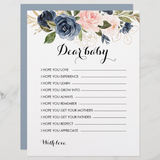 Gold Navy Blue Pink Floral Wünsche für Baby (Vorne/Hinten)