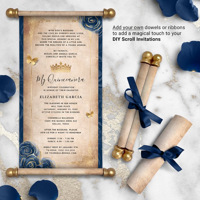 Gold Navy Blue Quinceanera DIY Scroll (DIY scrolls do not come with dowels. Add your own or roll up with a ribbon for an elegant touch!)