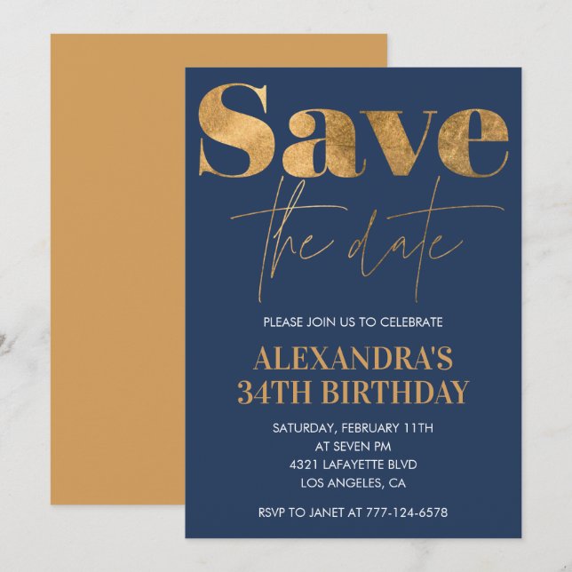 Gold Navy Blue Save the Date 34. Einladung (Vorne/Hinten)