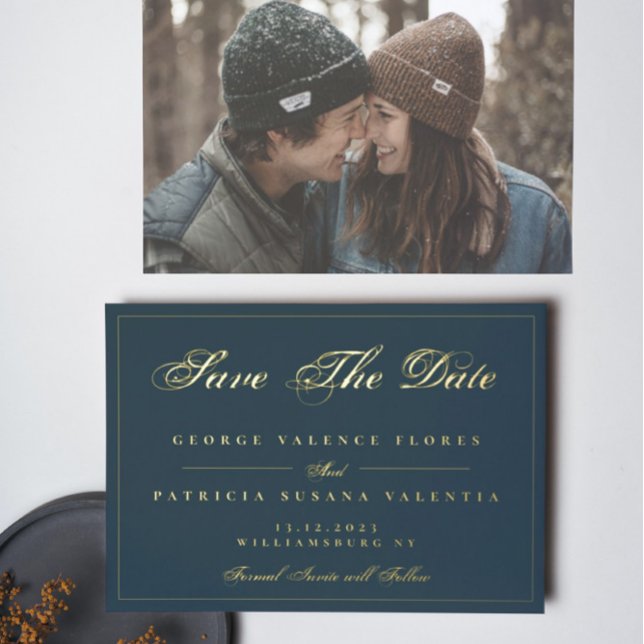 Gold Navy Blue Simple Elegant Foto Save the Date Folieneinladung (Von Creator hochgeladen)