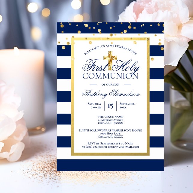 Gold Navy Blue Stripes First Holy Communion Boy Einladung (Gold Navy Blue Stripes First Holy Communion Boy Invitation)
