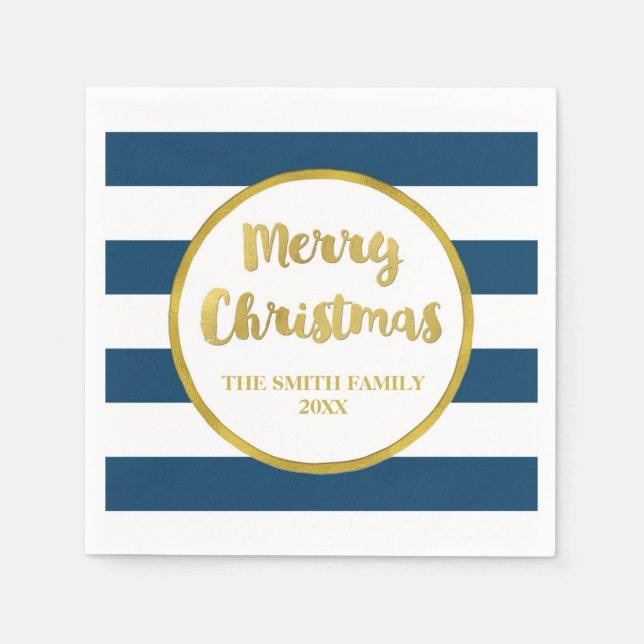 Gold Navy Blue Stripes Frohe Weihnachten Napkin Serviette (Vorderseite)