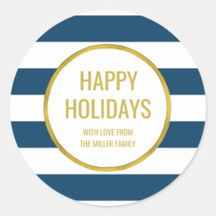Gold Navy Blue Stripes Happy Holidays Custom Runder Aufkleber