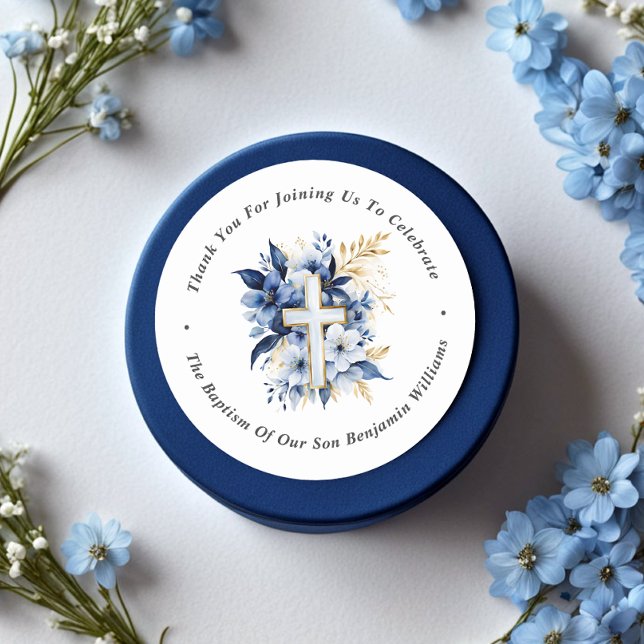 Gold & Navy Blue Watercolor Taufe Vielen Dank Runder Aufkleber (Von Creator hochgeladen)