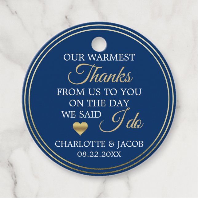 GOLD Navy Blue Wedding Herz herzlich Vielen Dank Geschenkanhänger (Vorderseite)