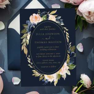 Gold Navy Blush Hochzeit Blumenfoliage Folieneinladung