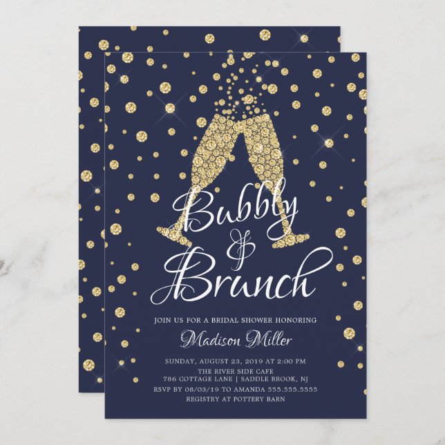 Gold & Navy Bubbly & Brunch Brautparty Einladung (Vorne/Hinten)