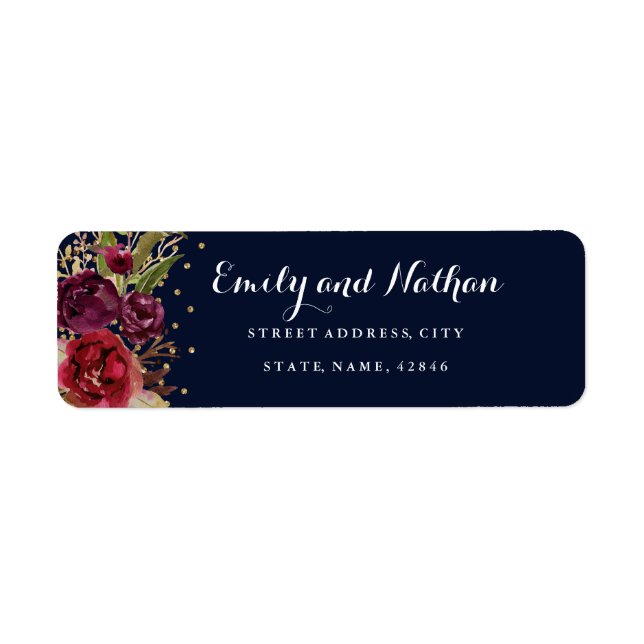 Gold Navy Burgundy Floral Return Address Label (Vorne)