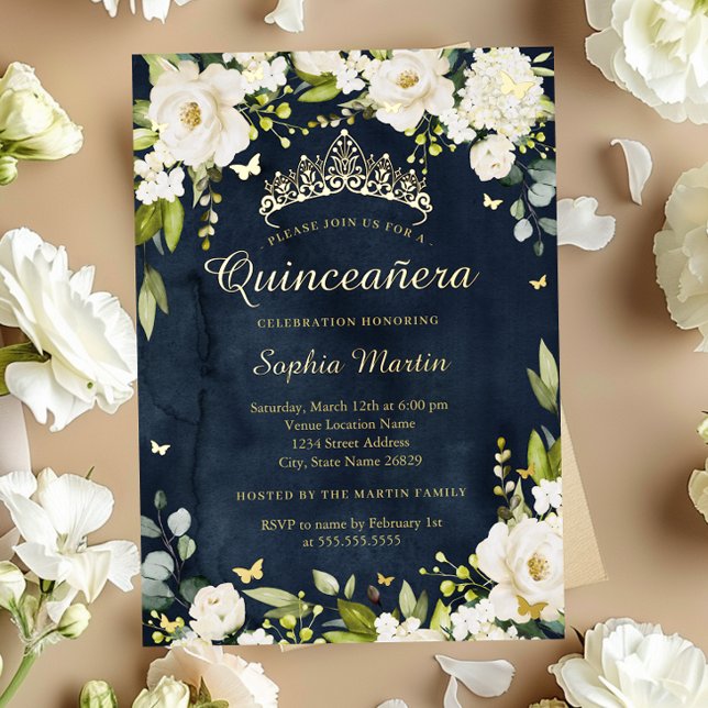 Gold Navy Butterfly Champagne Floral Quinceanera Folieneinladung (Von Creator hochgeladen)