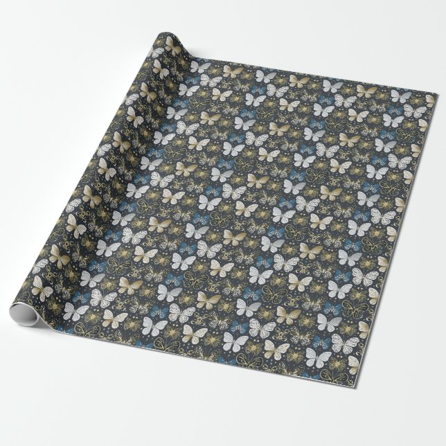 Gold Navy Butterfly Geschenkpapier (Ungerollt)