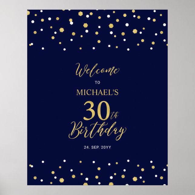 Gold & Navy Confetti 30. Geburtstag Party Willkomm Poster (Vorne)