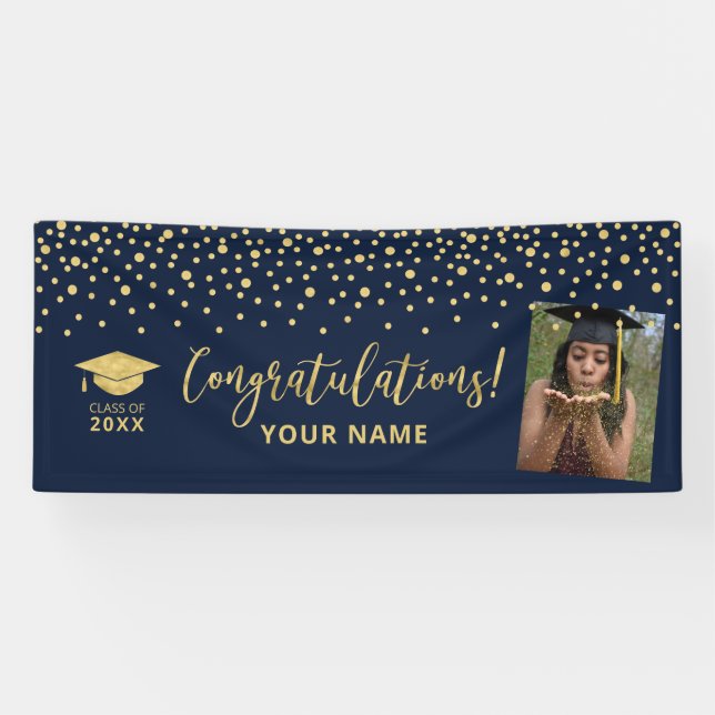 Gold & Navy Confetti Gratulation Abschluss Banner (Horizontal)