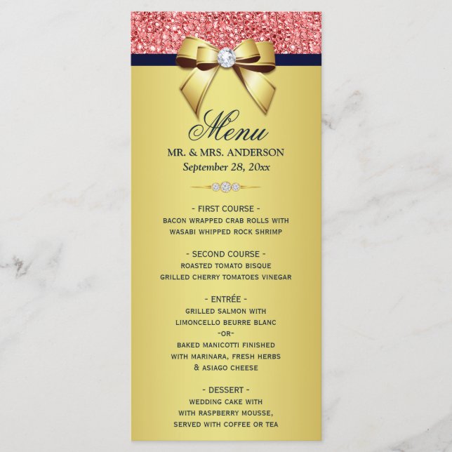 Gold Navy Coral Sequins Diamonds Bow Wedding Menu Menükarte (Vorderseite)