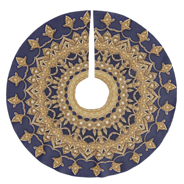 Gold Navy Decorative Holiday Tree Skirt Polyester Weihnachtsbaumdecke (Vorderseite)