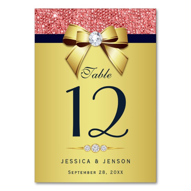 Gold Navy Diamond Bow Korallensequenzen Tischnummer (Vorderseite)