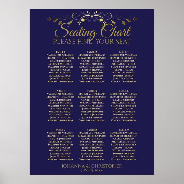 Gold & Navy Einfache 9 Table Seating Chart Poster (Vorne)
