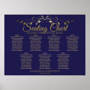 Gold & Navy Elegante 7-Tisch-Hochzeits-Sitzordnung Poster