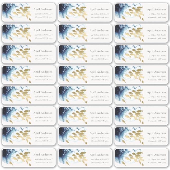 Gold Navy Fish Underwater Sea Guest Address Aufkleber (Vorderseite)