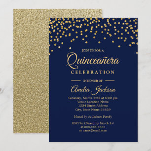 Gold Navy Glitzer Konfetti Quinceanera Einladung