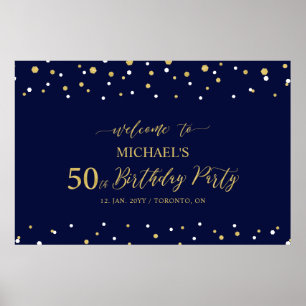Gold & Navy Konfetti 50. Geburtstagsfeier Willkomm Poster