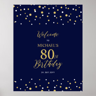 Gold & Navy Konfetti 80. Geburtstagsfeier Willkomm Poster