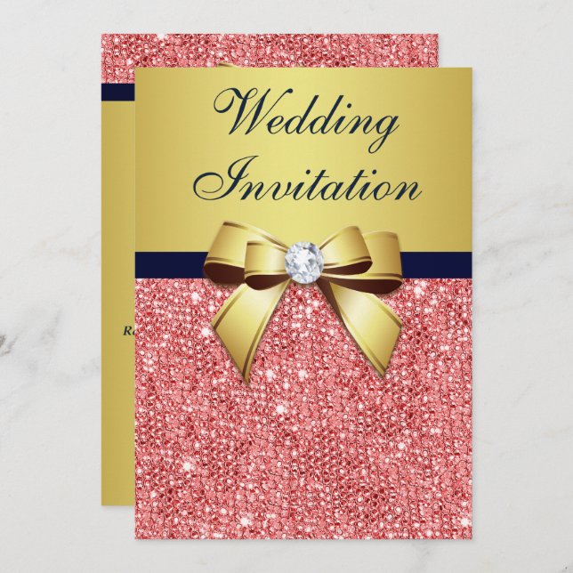 Gold Navy Korallensequenzen Diamonds Bow Wedding Einladung (Vorne/Hinten)