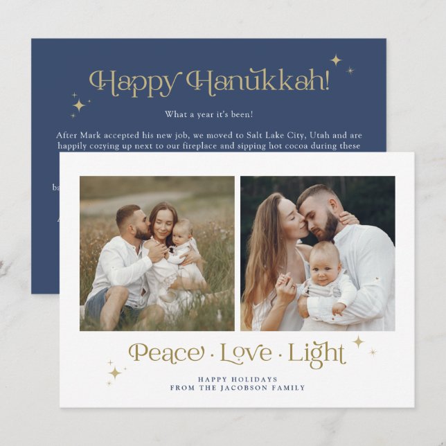 Gold Navy Menorah Peace Liebe Light Hanukkkah Card Einladung (Vorne/Hinten)