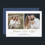 Gold Navy Menorah Peace Liebe Light Hanukkkah Card Einladung<br><div class="desc">Diese Hanukkah-Karte verfügt über ein einzigartiges Serif-Schriftart "Peace Liebe Light" Zitat mit bearbeitbaren Farben,  zwei quadratischen Fotos und eleganten goldenen Sternen. Editieren Sie einfach *most* Text und ändern Sie die Farben nach Ihren Bedürfnissen.</div>