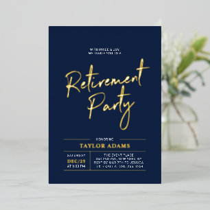 Gold & Navy Modernes Brush Script Retirement Party Folieneinladung