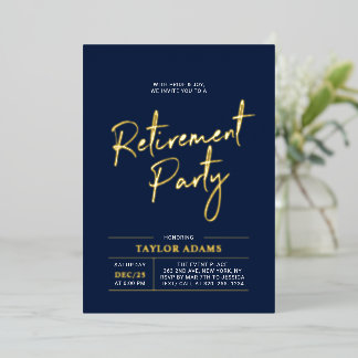 Gold & Navy Modernes Brush Script Retirement Party Folieneinladung