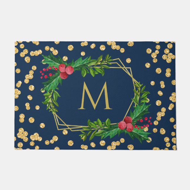 Gold Navy Monogram Frohe Weihnachts-Holly-Glitzer Fußmatte (Vorderseite)