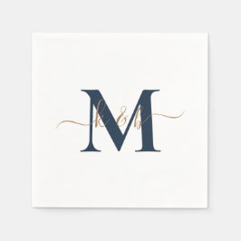 Gold & Navy Monogram Swash Script White Cocktail Serviette
