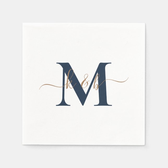 Gold & Navy Monogram Swash Script White Cocktail Serviette (Vorderseite)