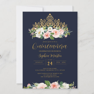 Gold Navy Pink Floral Tiara Quinceanera Einladung