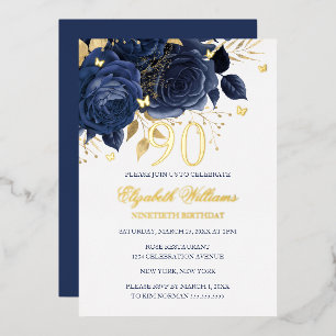Gold Navy Rose Funkelnder Schmetterling 90. Geburt Folieneinladung