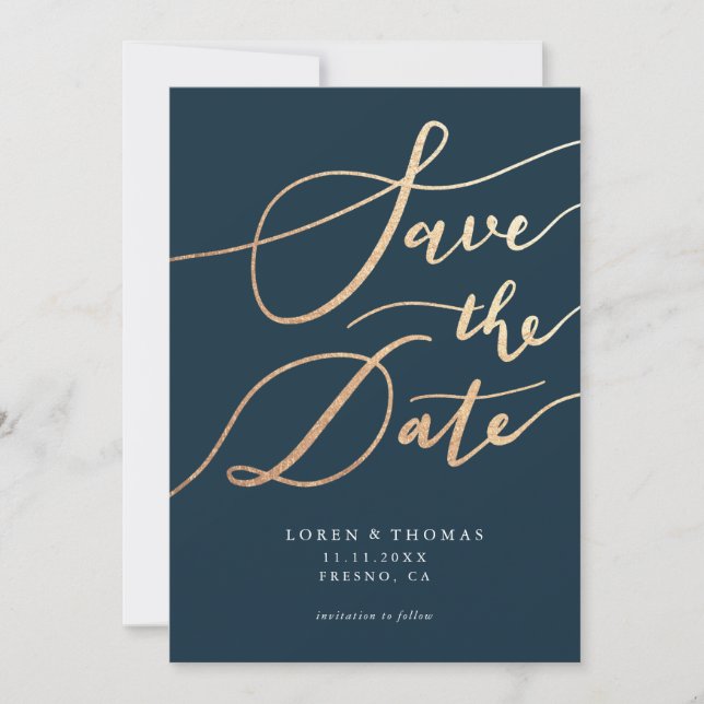 Gold Navy Script Typografie Save The Date (Vorderseite)
