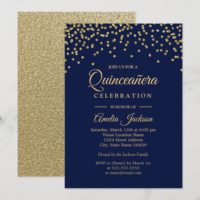 Gold Navy Sparkle Confetti Quinceanera Einladung (Vorne/Hinten)