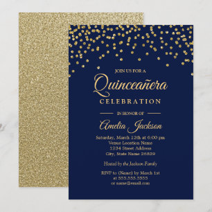 Gold Navy Sparkle Confetti Quinceanera Einladung