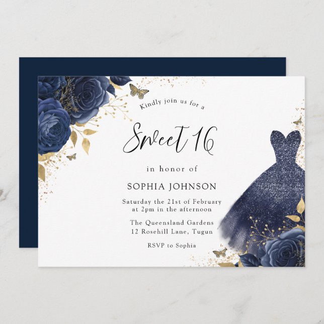 Gold & Navy Sparkle Dress Rose Sweet 16 Party Einladung (Vorne/Hinten)