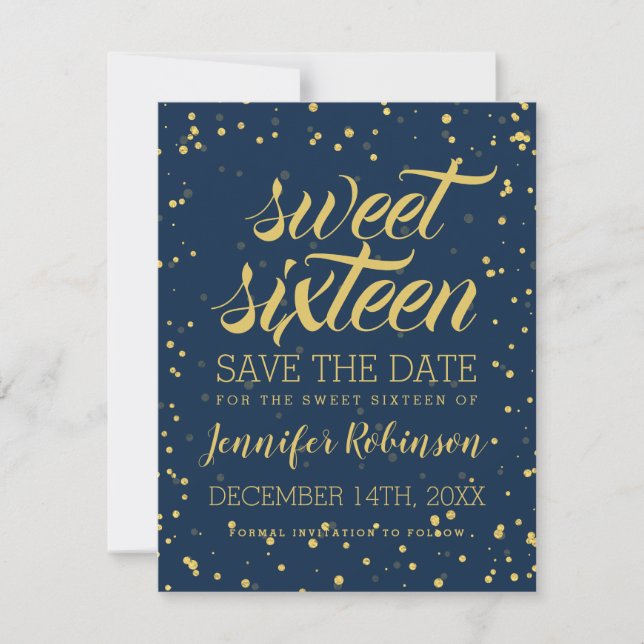 Gold Navy Sweet 16 Rett Date Glitzer Confetti Save The Date (Vorderseite)