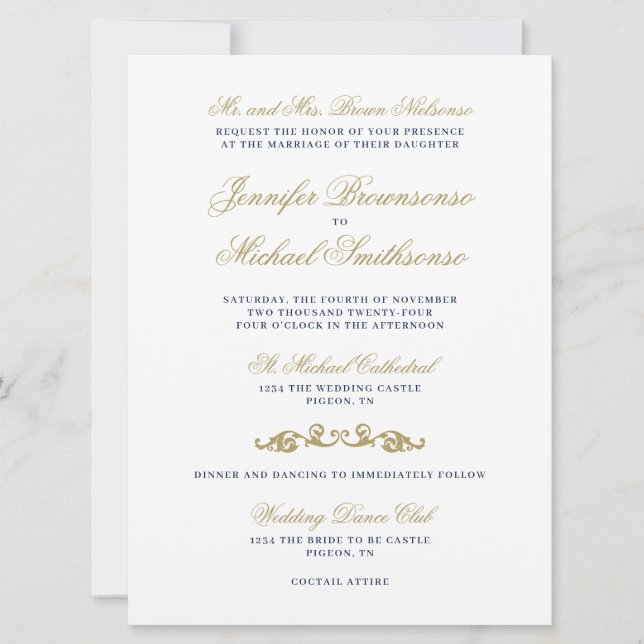 Gold Navy Texte einfache Unterschrift Hochzeit Einladung (Vorderseite)