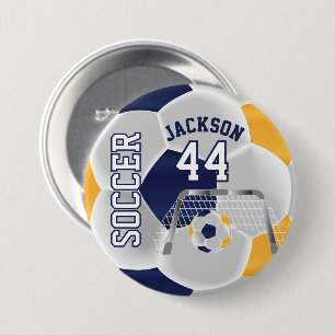 Gold, Navy und White Personalize Soccer Ball Button