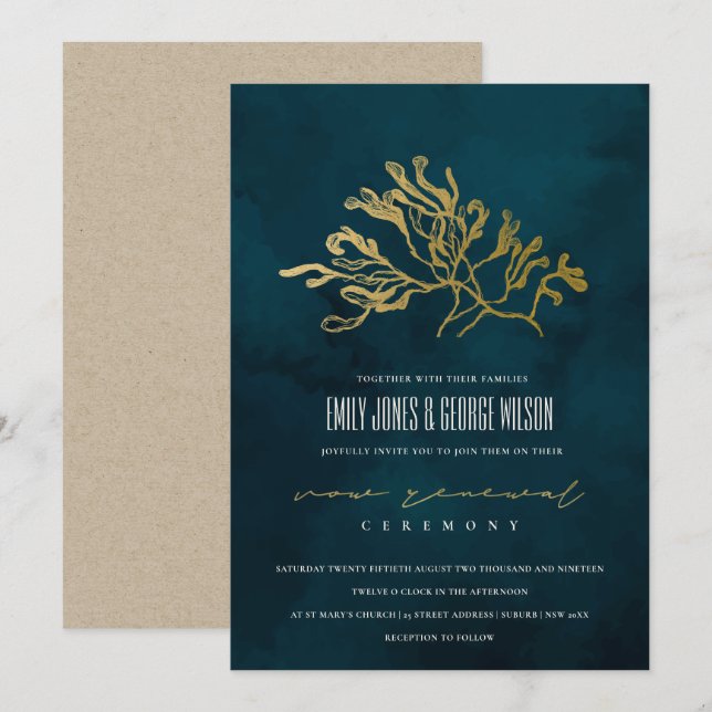 GOLD NAVY UNDERWASSER SEAWEED VOW RENEWAL INVITE DANKESKARTE (Vorne/Hinten)