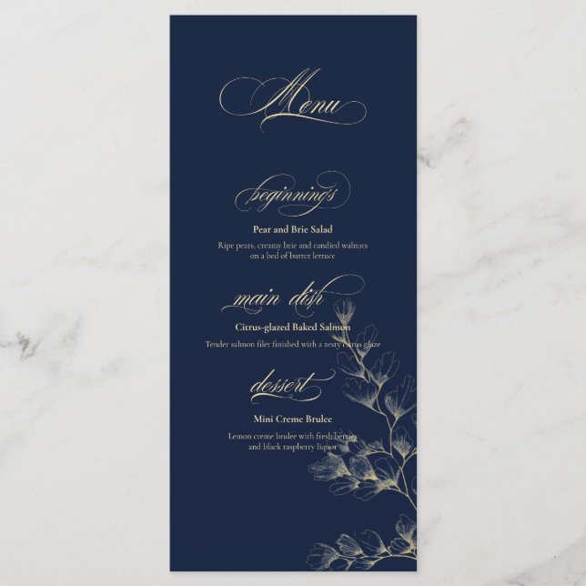 Gold & Navy Wedding Menu Menükarte (Vorderseite)