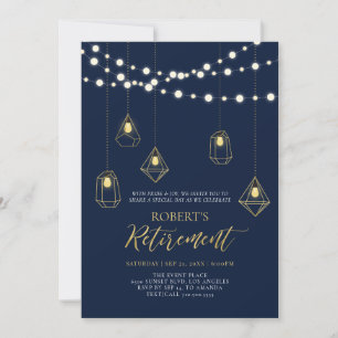 Gold & Navyblau Lichterkette Ruhestandsfeier Einladung