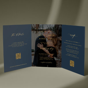 Gold navyblaue Foto-Hochzeits-RSVP-Details QR-Code Dreifach Gefaltete Einladung