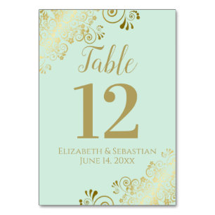 Gold & Neo Mint Green Elegant Frilly Wedding Tischnummer
