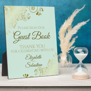 Gold & Neo Mint Green Sign Unser Gästebuch Hochzei Fotoplatte